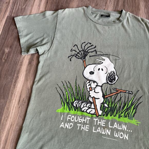 Vintage Snoopy Peanuts T-Shirt Size L Single Stitch Cartoon I Fought The Lawn - Picture 2 of 6